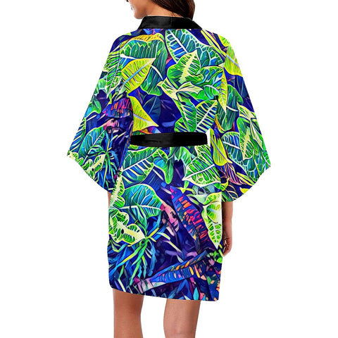 Tropical Leaf Cartoon Green Leaf Exotic Garden Short Robe Short Robe,kimono,Robes For Women,Satin Ro Kimono Robe