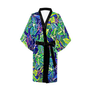 Tropical Leaf Cartoon Green Leaf Exotic Garden Short Robe Short Robe,kimono,Robes For Women,Satin Ro Kimono Robe
