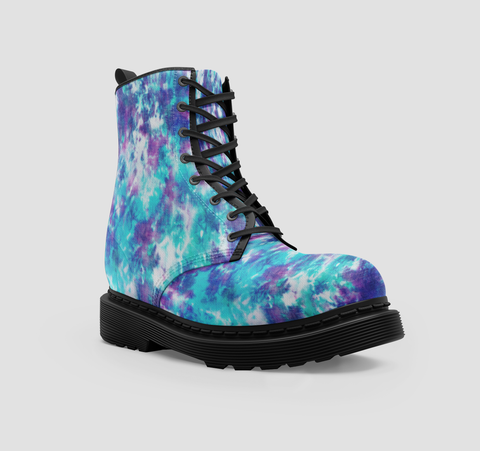 Image of Turquoise Blue Tie Dye Grunge Abstract Art Stylish Vegan Handmade Women's Boots - Classic Crafted Shoes For Girls - Perfect Gift Idea