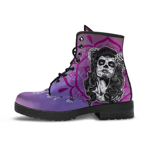 Image of Purple Calavera Women's Vegan Leather Boots, Handmade Fashion Shoes, Homemade Skull Design