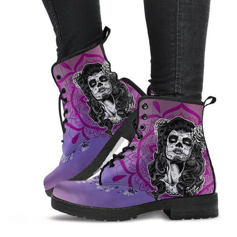 Image of Purple Calavera Women's Vegan Leather Boots, Handmade Fashion Shoes, Homemade Skull Design