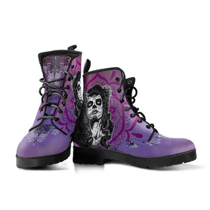 Purple Calavera Women's Vegan Leather Boots, Handmade Fashion Shoes, Homemade Skull Design
