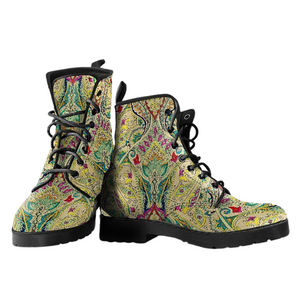 Vintage Paisley Women's Vegan Leather Lace,Up Boots, Handcrafted Boho Hippie