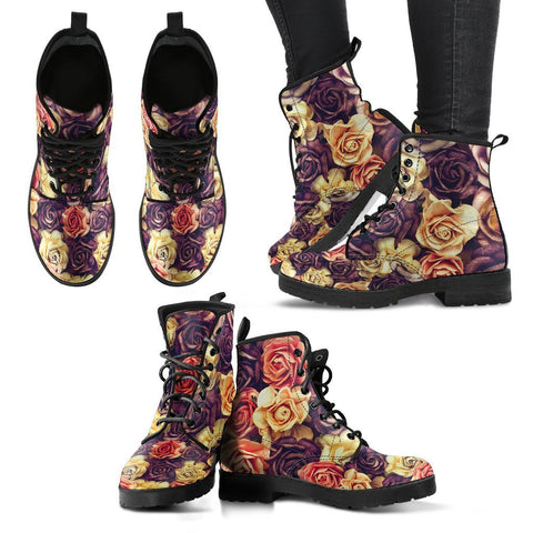Image of Vintage Rose Women's Leather Boots, Handcrafted Vegan Leather, Lace Up Ankle