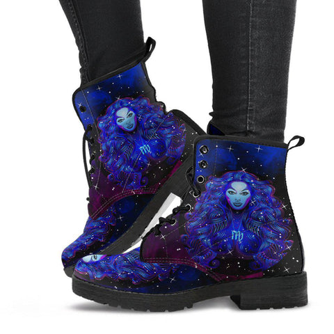 Image of Handmade Women’s Vegan Leather Boots - Blue Virgo Zodiac Astrology - Cosmos Sky Galaxy - Leather Shoes