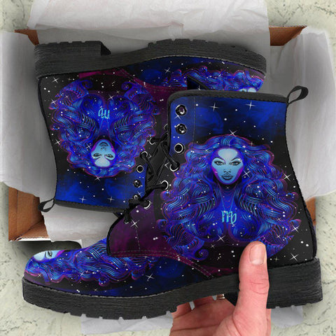 Image of Handmade Women’s Vegan Leather Boots - Blue Virgo Zodiac Astrology - Cosmos Sky Galaxy - Leather Shoes