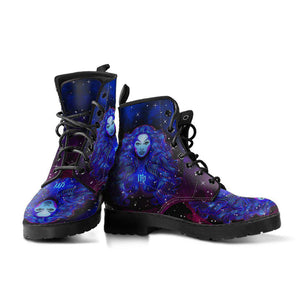 Women’s Vegan Leather Boots , Blue Virgo Zodiac Astrology , Cosmos Sky