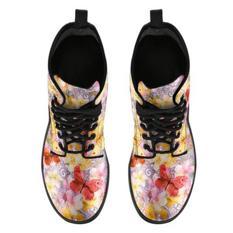 Image of Watercolor Butterfly Women's Vegan Leather Lace,Up Boots, Handcrafted Boho