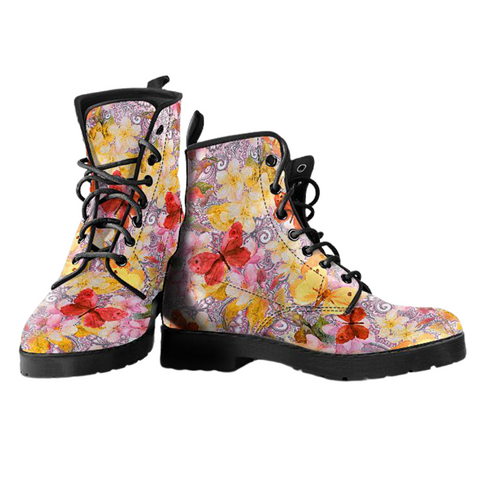 Image of Watercolor Butterfly Women's Vegan Leather Lace,Up Boots, Handcrafted Boho
