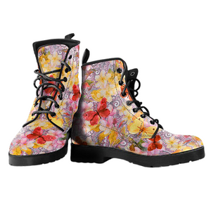Watercolor Butterfly Women's Vegan Leather Lace,Up Boots, Handcrafted Boho