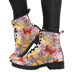 Watercolor Butterfly Women's Vegan Leather Lace,Up Boots, Handcrafted Boho