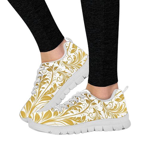 Image of White And Gold Leaf Low Top Shoes, Womens, Kids Shoes, Shoes,Running Casual Shoes, Custom Shoes, Colorful,Artist Shoes,Training Shoes