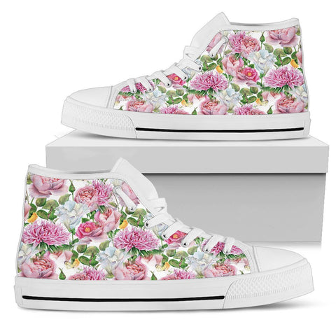 Image of White And Pink Floral High Tops Sneaker Multi Colored, Hippie, Canvas Shoes,High Quality,Handmade Crafted, Boho,All Star,Custom Shoes