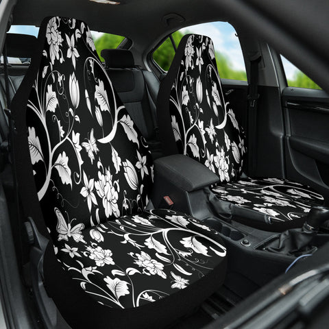 Image of Abstract Black and White Floral Car Seat Covers, Artistic Front Seat Protectors,