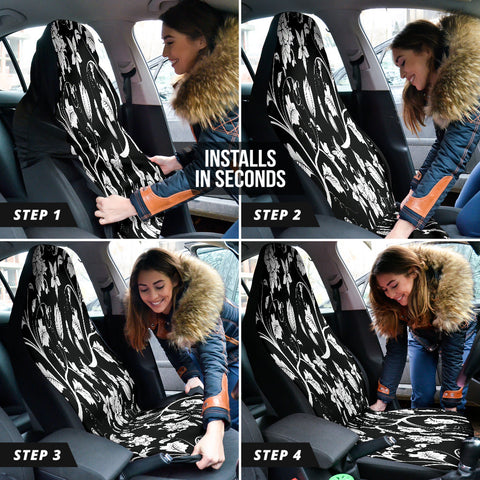 Image of Abstract Black and White Floral Car Seat Covers, Artistic Front Seat Protectors,