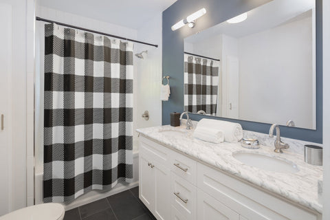Image of White & Black Buffalo Plaid Square Shower Curtains, Water Proof Bath Decor | Spa