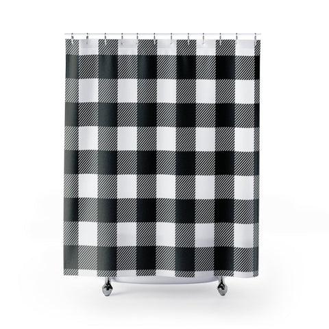Image of White & Black Buffalo Plaid Square Shower Curtains, Water Proof Bath Decor | Spa
