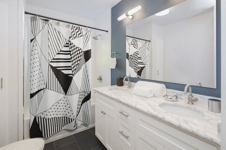 White & Black Geometric Triangle Shape Printed Shower Curtains, Water Proof Bath