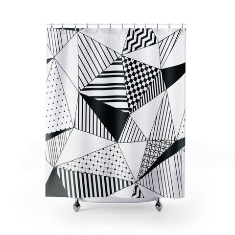 Image of White & Black Geometric Triangle Shape Printed Shower Curtains, Water Proof Bath