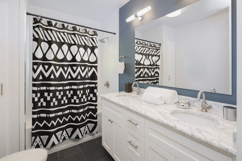 Image of White & Black Tribal Ethnic Print Shower Curtains, Water Proof Bath Decor | Spa