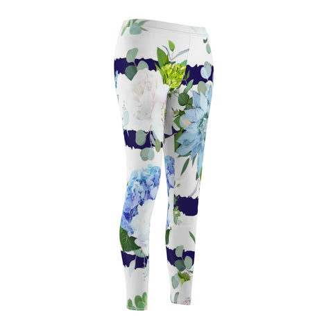 Image of White Blue Floral Stripe Women's Cut & Sew Casual Leggings, Yoga Pants,