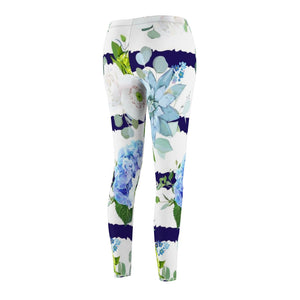White Blue Floral Stripe Women's Cut & Sew Casual Leggings, Yoga Pants,