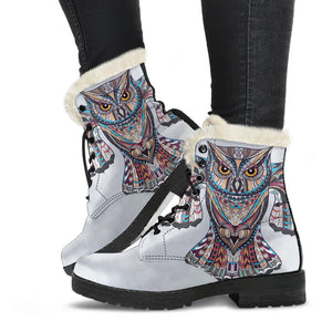 White Colorful Owl Custom Boots,Boho Chic boots,Spiritual Lolita Combat Boots,Hand Crafted,Multi Colored,Streetwear
