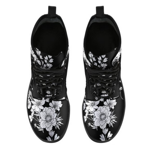 Image of White Flowers Women's Vegan Leather Boots, Premium Handcrafted Military Style