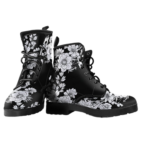 Image of White Flowers Women's Vegan Leather Boots, Premium Handcrafted Military Style