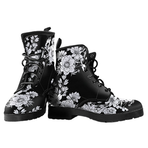 White Flowers Women's Vegan Leather Boots, Premium Handcrafted Military Style