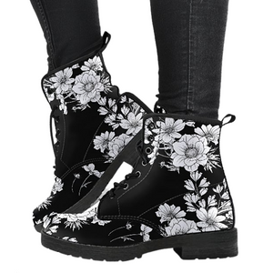 White Flowers Women's Vegan Leather Boots, Premium Handcrafted Military Style
