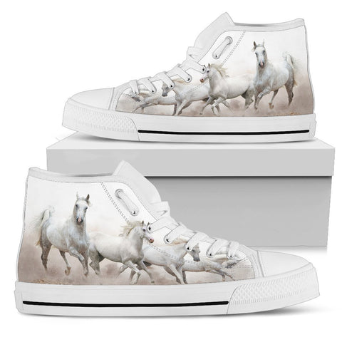 Image of White Horse Women's High Top Shoes, Hippie, Multi Colored, High Tops Sneaker, Streetwear, High Quality,Handmade Crafted, Canvas Shoes,Boho,