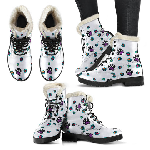 Image of White Multi Colored Paw Prints Ankle Boots,Lolita Combat Boots,Hand Crafted,Streetwear, Rain Boots,Hippie,Combat Style Boots,Emo Boots