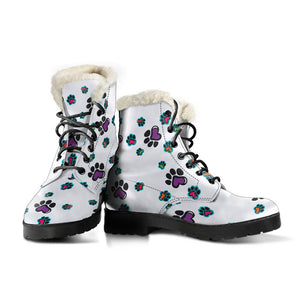 White Multi Colored Paw Prints Ankle Boots,Lolita Combat Boots,Hand Crafted,Streetwear, Rain Boots,Hippie,Combat Style Boots,Emo Boots