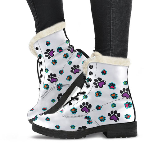 Image of White Multi Colored Paw Prints Ankle Boots,Lolita Combat Boots,Hand Crafted,Streetwear, Rain Boots,Hippie,Combat Style Boots,Emo Boots