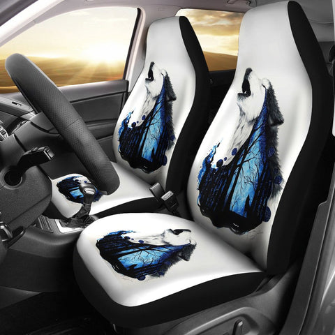 Image of White Multicolored Wolf 2 Front Car Seat Covers Car Seat Covers,Car Seat Covers Pair,Car Seat Protector,Car Accessory,Front Seat Covers,