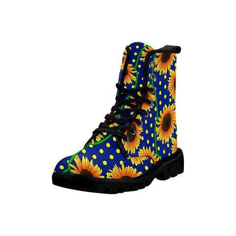 Image of White Polka Dot Sunflower Womens Boots, Lolita Combat Boots,Hand Crafted,Multi Colored,Streetwear
