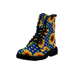 White Polka Dot Sunflower Womens Boots, Lolita Combat Boots,Hand Crafted,Multi Colored,Streetwear
