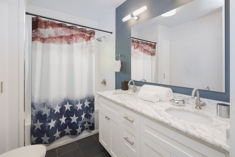 Image of White Red & Blue Star Stripe American Flag Shower Curtains, Water Proof Bath