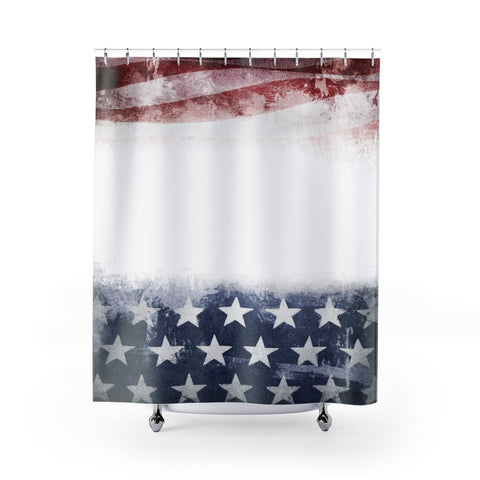 Image of White Red & Blue Star Stripe American Flag Shower Curtains, Water Proof Bath