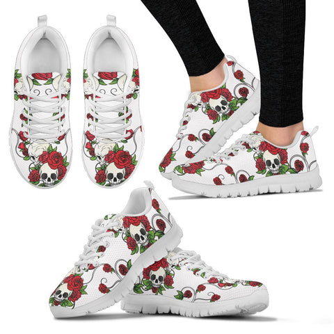 Image of White Skulls And Roses Custom Shoes, Womens, Mens, Low Top Shoes, Shoes,Running Athletic Sneakers,Kicks Sports Wear, Shoes