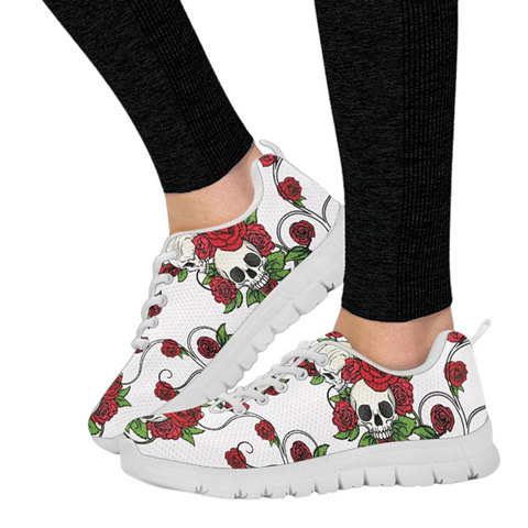 Image of White Skulls And Roses Custom Shoes, Womens, Mens, Low Top Shoes, Shoes,Running Athletic Sneakers,Kicks Sports Wear, Shoes