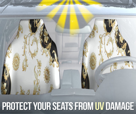 Image of Black White Floral Car Seat Covers, Front Protectors, Classic Design