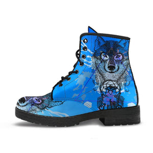 Blue Wolf Dreamcatcher Women's Vegan Leather Boots, Handcrafted Winter Rainbow