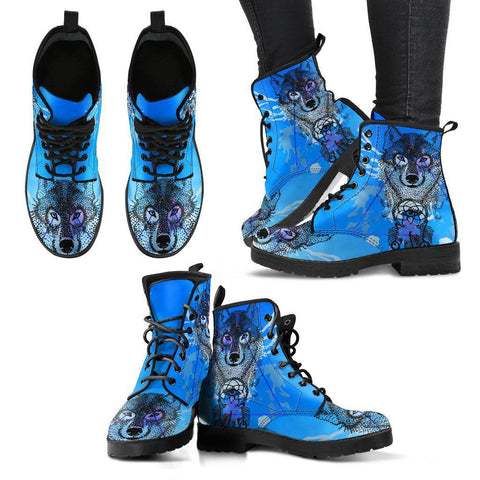 Image of Blue Wolf Dreamcatcher Women's Vegan Leather Boots, Handcrafted Winter Rainbow