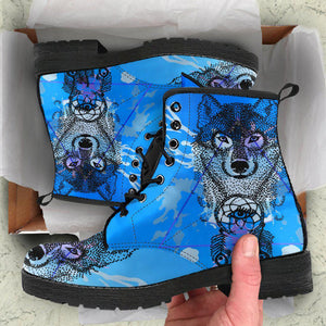 Blue Wolf Dreamcatcher Women's Vegan Leather Boots, Handcrafted Winter Rainbow