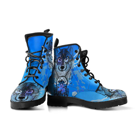 Image of Blue Wolf Dreamcatcher Women's Vegan Leather Boots, Handcrafted Winter Rainbow