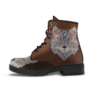 Brown Wild Wolf Women's Vegan Leather Boots, Handcrafted Winter Rainbow Rain