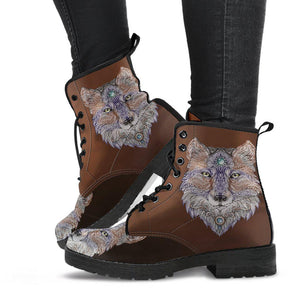 Brown Wild Wolf Women's Vegan Leather Boots, Handcrafted Winter Rainbow Rain