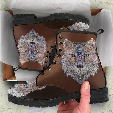 Image of Brown Wild Wolf Women's Vegan Leather Boots, Handcrafted Winter Rainbow Rain